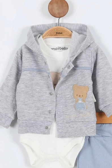 Ayı Desenli Pamuklu Çıt Kapşonlu Zıbınlı Uzun Kollu Erkek Bebek 3'lü Takım Alt Üst Erkek Bebek Takım - 11