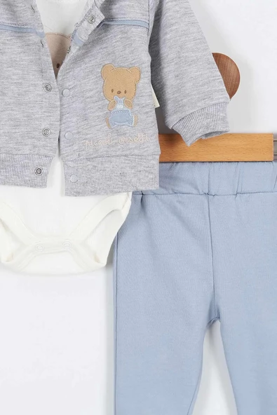 Ayı Desenli Pamuklu Çıt Kapşonlu Zıbınlı Uzun Kollu Erkek Bebek 3'lü Takım Alt Üst Erkek Bebek Takım - 9