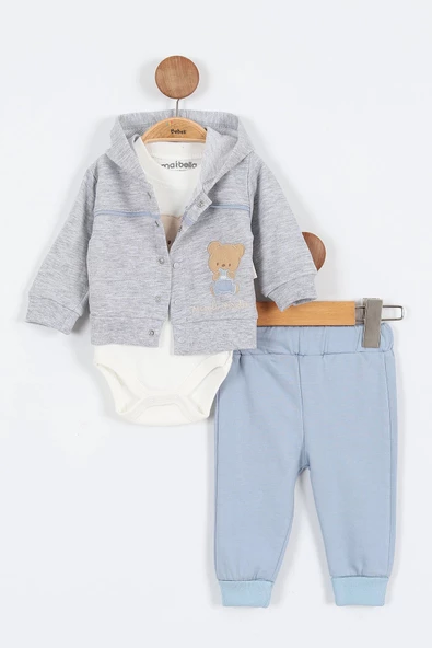 Ayı Desenli Pamuklu Çıt Kapşonlu Zıbınlı Uzun Kollu Erkek Bebek 3'lü Takım Alt Üst Erkek Bebek Takım - 2