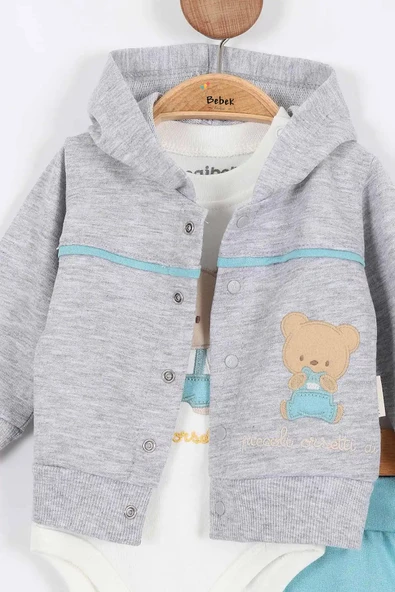 Ayı Desenli Pamuklu Çıt Kapşonlu Zıbınlı Uzun Kollu Erkek Bebek 3'lü Takım Alt Üst Erkek Bebek Takım - 12