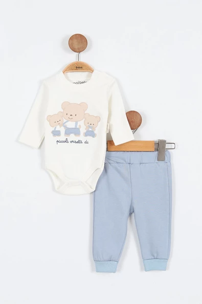 Ayı Desenli Pamuklu Çıt Kapşonlu Zıbınlı Uzun Kollu Erkek Bebek 3'lü Takım Alt Üst Erkek Bebek Takım - 8