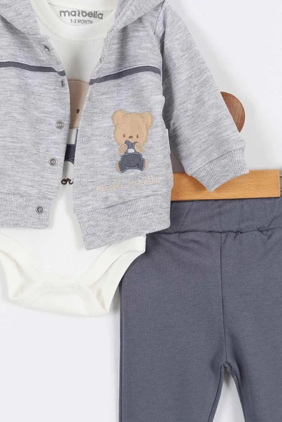 Ayı Desenli Pamuklu Çıt Kapşonlu Zıbınlı Uzun Kollu Erkek Bebek 3'lü Takım Alt Üst Erkek Bebek Takım - 6
