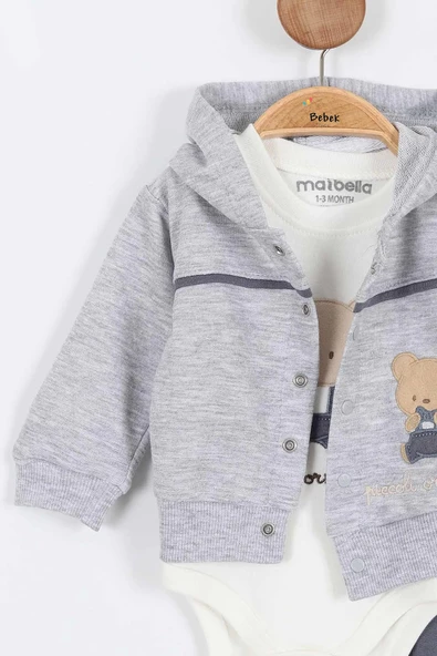 Ayı Desenli Pamuklu Çıt Kapşonlu Zıbınlı Uzun Kollu Erkek Bebek 3'lü Takım Alt Üst Erkek Bebek Takım - 4
