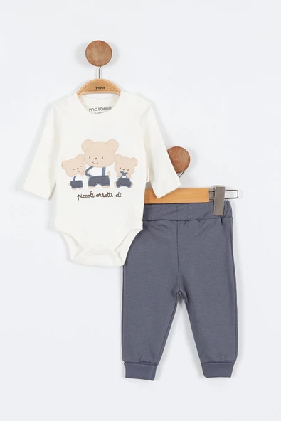 Ayı Desenli Pamuklu Çıt Kapşonlu Zıbınlı Uzun Kollu Erkek Bebek 3'lü Takım Alt Üst Erkek Bebek Takım - 5