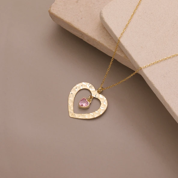 925 Ayar Gümüş Kalp Taşlı Dokulu Kalp Çerçeve Kolye - Resim 3