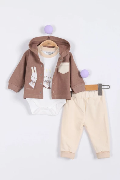 Tavşan Desenli Pamuklu Kapşonlu Zıbınlı Uzun Kollu Erkek Bebek 3'lü Takım Alt Üst Erkek Bebek Takım - 2