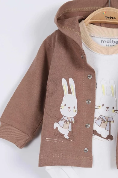 Tavşan Desenli Pamuklu Kapşonlu Zıbınlı Uzun Kollu Erkek Bebek 3'lü Takım Alt Üst Erkek Bebek Takım - 10