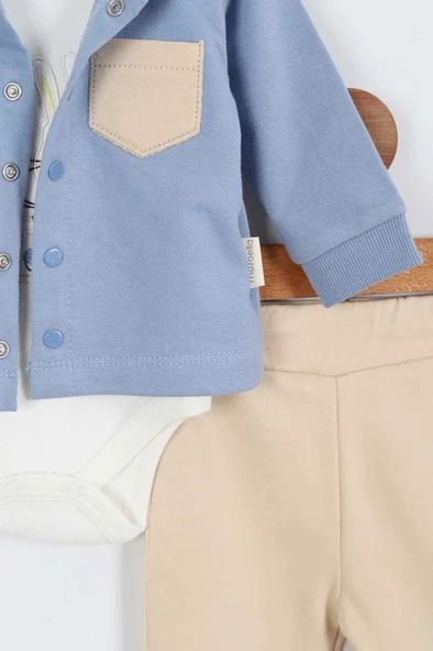 Tavşan Desenli Pamuklu Kapşonlu Zıbınlı Uzun Kollu Erkek Bebek 3'lü Takım Alt Üst Erkek Bebek Takım - 12