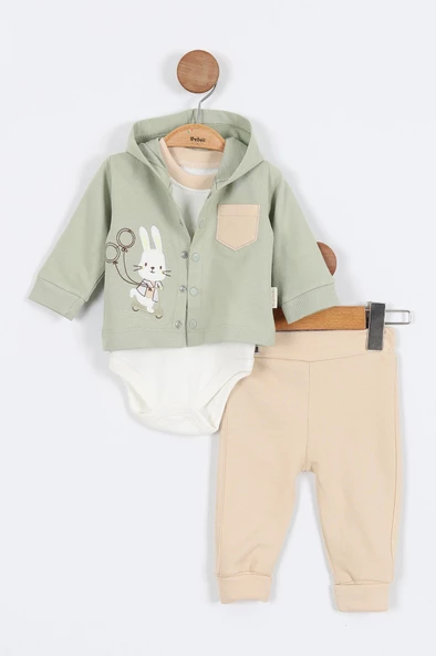 Tavşan Desenli Pamuklu Kapşonlu Zıbınlı Uzun Kollu Erkek Bebek 3'lü Takım Alt Üst Erkek Bebek Takım - 4