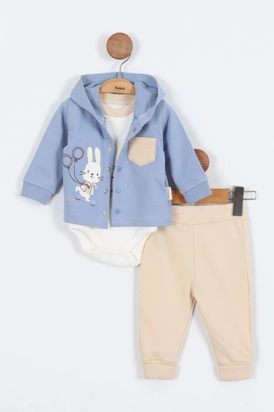 Tavşan Desenli Pamuklu Kapşonlu Zıbınlı Uzun Kollu Erkek Bebek 3'lü Takım Alt Üst Erkek Bebek Takım - 3