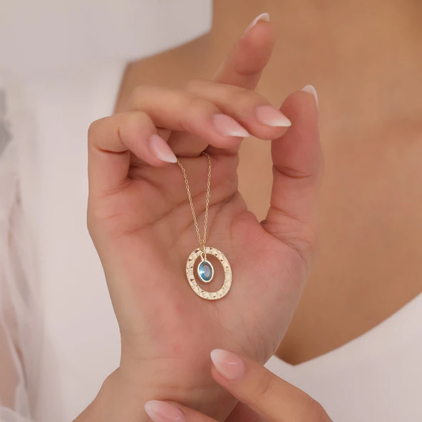 925 Ayar Gümüş Mavi Oval Taşlı Dokulu Oval Çerçeve Kolye - 1