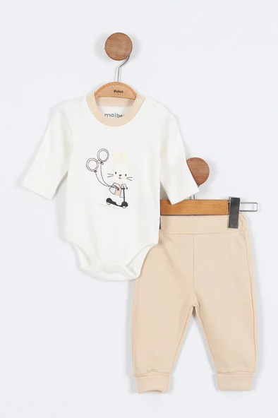 Tavşan Desenli Pamuklu Kapşonlu Zıbınlı Uzun Kollu Erkek Bebek 3'lü Takım Alt Üst Erkek Bebek Takım - 6