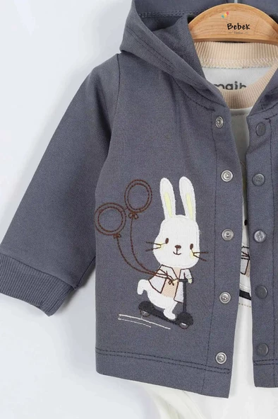 Tavşan Desenli Pamuklu Kapşonlu Zıbınlı Uzun Kollu Erkek Bebek 3'lü Takım Alt Üst Erkek Bebek Takım - 7