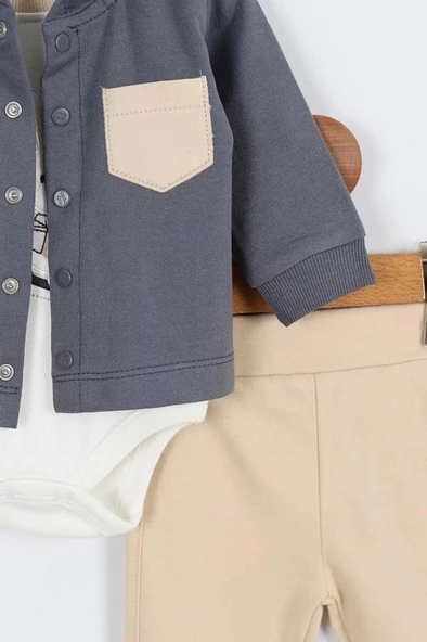 Tavşan Desenli Pamuklu Kapşonlu Zıbınlı Uzun Kollu Erkek Bebek 3'lü Takım Alt Üst Erkek Bebek Takım - 8