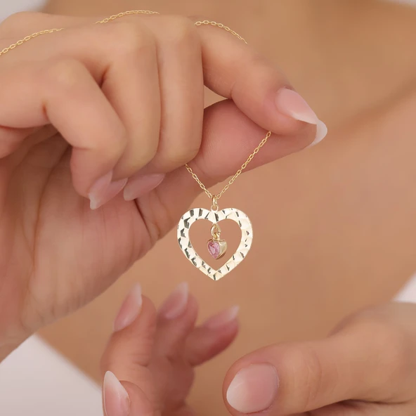 925 Ayar Gümüş Kalp Taşlı Dokulu Kalp Çerçeve Kolye - Resim 2