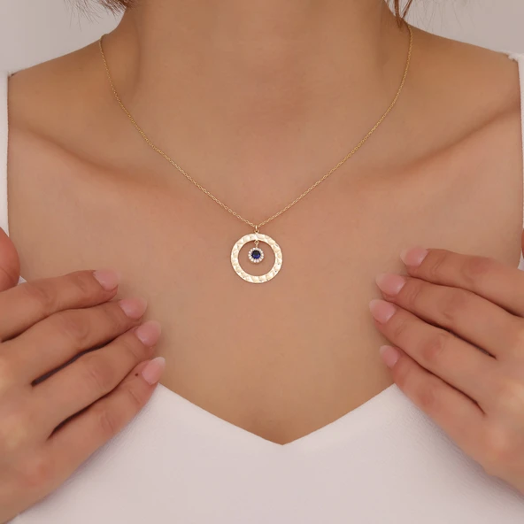 925 Ayar Gümüş Lacivert Taşlı Dokulu Yuvarlak Çerçeve Kolye - Resim 2