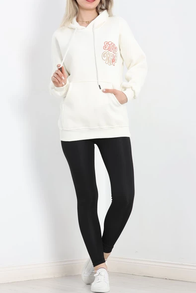 Baskılı Kapşonlu Kanguru Sweat Ekru - 20244.1878. - Resim 3