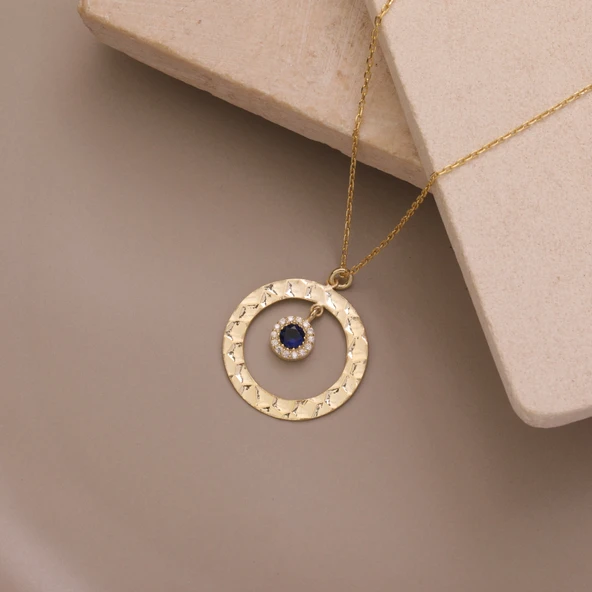 925 Ayar Gümüş Lacivert Taşlı Dokulu Yuvarlak Çerçeve Kolye - Resim 3