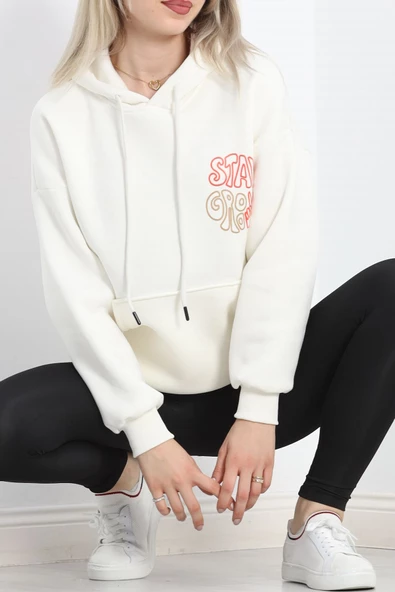 Baskılı Kapşonlu Kanguru Sweat Ekru - 20244.1878. - Resim 2