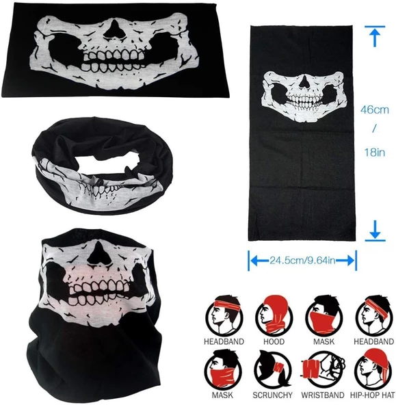 Nessiworld Siyah Renk Dikişsiz Çok Fonksiyonlu Çene Kafatası Yüz Maskesi Baf Buff Bandana Boyunluk Bileklik - 8