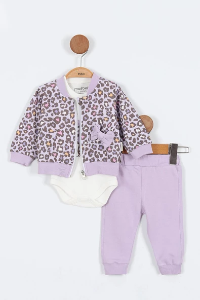 Kedi Desenli Pamuklu Fermuarlı Kapşonlu Zıbın Uzun Kol Kız Bebek 3'lü Takım Alt Üst Kız Bebek Takım - 2