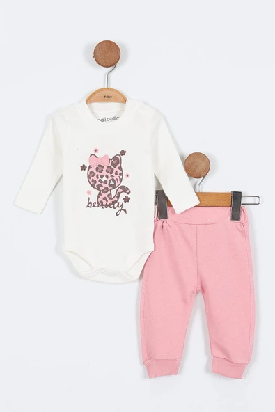 Kedi Desenli Pamuklu Fermuarlı Kapşonlu Zıbın Uzun Kol Kız Bebek 3'lü Takım Alt Üst Kız Bebek Takım - 4