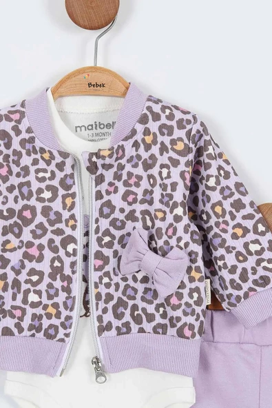 Kedi Desenli Pamuklu Fermuarlı Kapşonlu Zıbın Uzun Kol Kız Bebek 3'lü Takım Alt Üst Kız Bebek Takım - 8