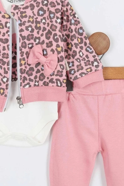 Kedi Desenli Pamuklu Fermuarlı Kapşonlu Zıbın Uzun Kol Kız Bebek 3'lü Takım Alt Üst Kız Bebek Takım - 5