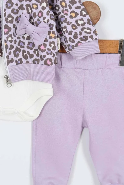 Kedi Desenli Pamuklu Fermuarlı Kapşonlu Zıbın Uzun Kol Kız Bebek 3'lü Takım Alt Üst Kız Bebek Takım - 9