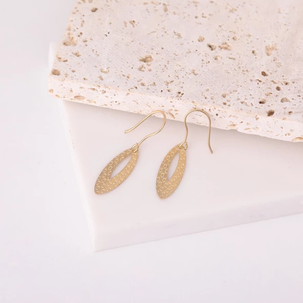 18 Ayar Altın Mikron Kaplama Oval Yüzeyi Desenli Sallantılı Gümüş Küpe - E00271 - 5