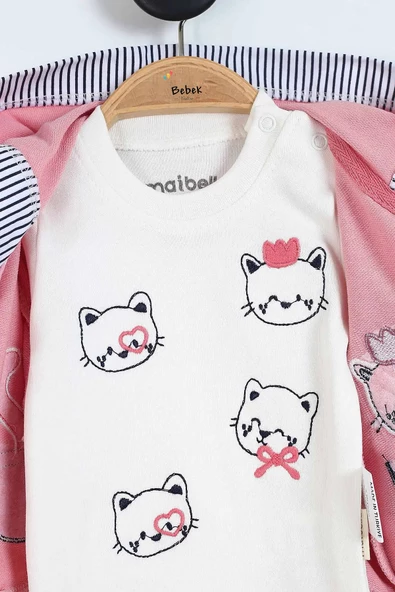 Kedi Desenli Pamuklu ÇıtÇıtlı Kapşonlu Zıbın Uzun Kollu Kız Bebek 3'lü Takım Alt Üst Kız Bebek Takım - 6