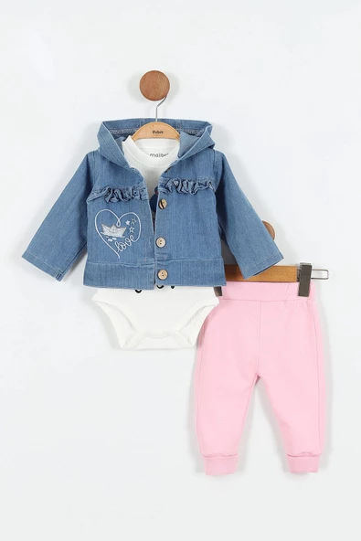 Kalp Desenli Pamuk Düğmeli Kot Kapşonlu Zıbın Uzun Kol Kız Bebek 3'lü Takım Alt Üst Kız Bebek Takım - 2