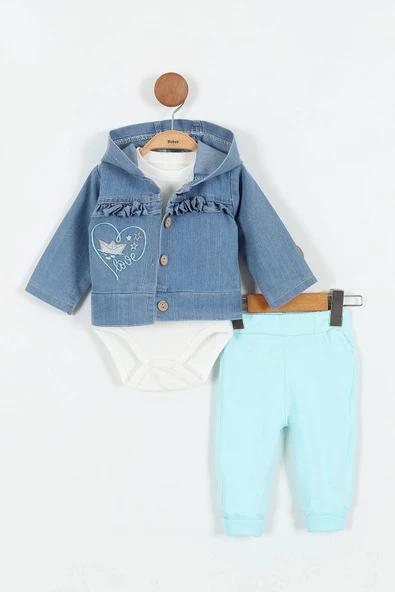 Kalp Desenli Pamuk Düğmeli Kot Kapşonlu Zıbın Uzun Kol Kız Bebek 3'lü Takım Alt Üst Kız Bebek Takım - 4