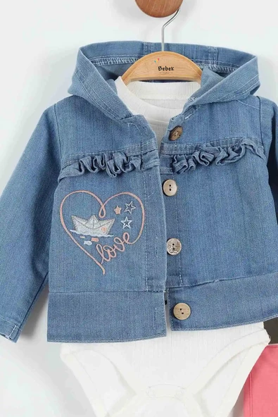 Kalp Desenli Pamuk Düğmeli Kot Kapşonlu Zıbın Uzun Kol Kız Bebek 3'lü Takım Alt Üst Kız Bebek Takım - 6