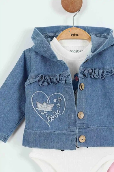 Kalp Desenli Pamuk Düğmeli Kot Kapşonlu Zıbın Uzun Kol Kız Bebek 3'lü Takım Alt Üst Kız Bebek Takım - 9