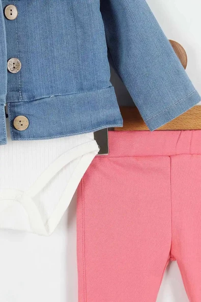 Kalp Desenli Pamuk Düğmeli Kot Kapşonlu Zıbın Uzun Kol Kız Bebek 3'lü Takım Alt Üst Kız Bebek Takım - 8