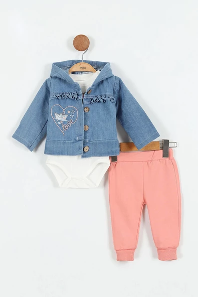 Kalp Desenli Pamuk Düğmeli Kot Kapşonlu Zıbın Uzun Kol Kız Bebek 3'lü Takım Alt Üst Kız Bebek Takım - 3