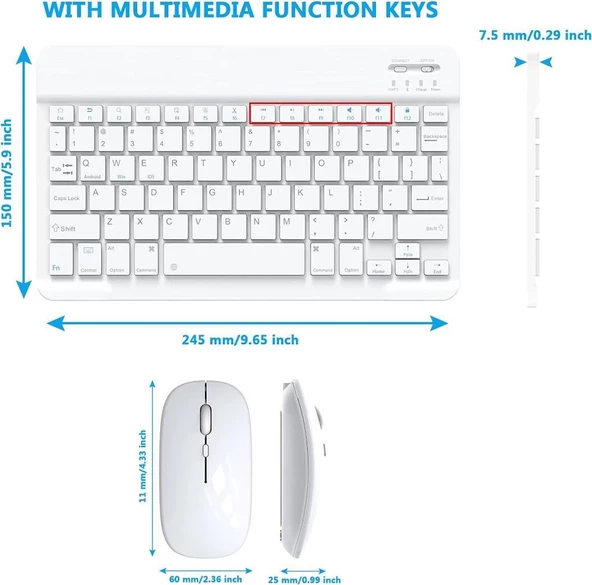 Poco Pad 12.1" Uyumlu Kablosuz Bluetooth Şarjlı Klavye Şarjlı Mouse Seti - Beyaz - 6