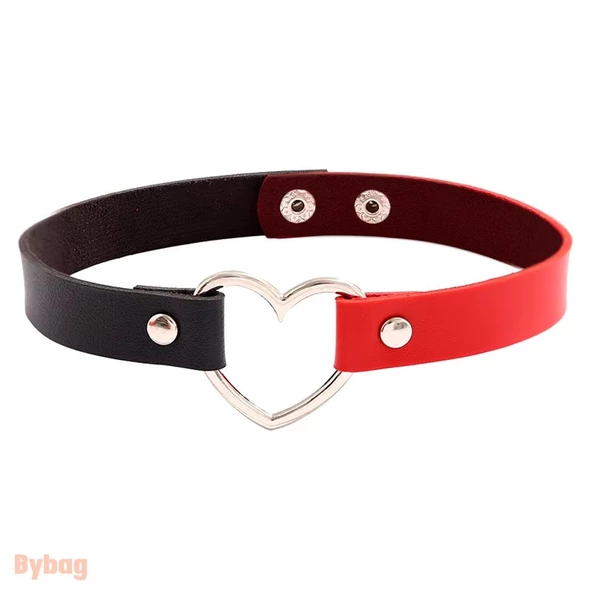 Siyah Kırmızı Deri Tasma Kalp 35 cm Choker Bayan Kolye Takı