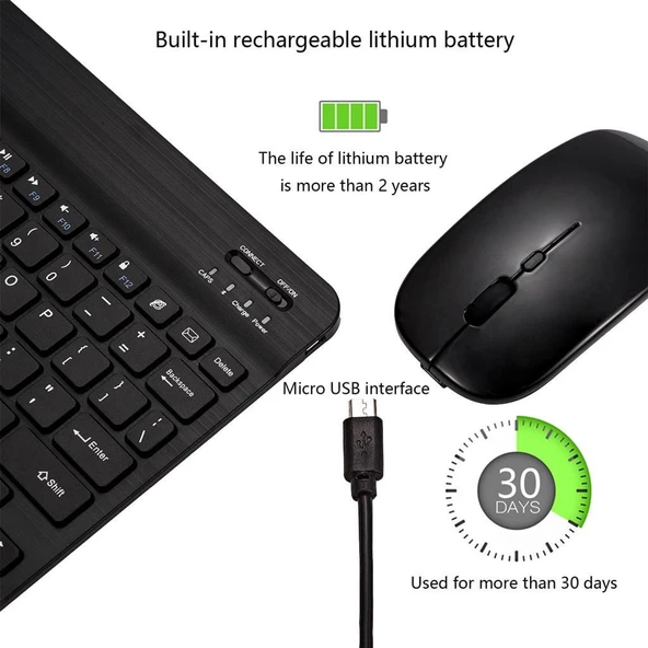 Vorcom Sx Pro 10.1" Uyumlu Kablosuz Bluetooth Şarjlı Klavye ve Şarjlı Mouse Seti - Siyah - Resim 5