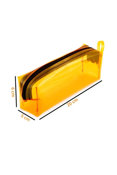 Siyah Fermuarlı Turuncu Renkli Kaliteli PVC Şeffaf Kalemlik Makyaj Çantası Kalem Kutusu - 3