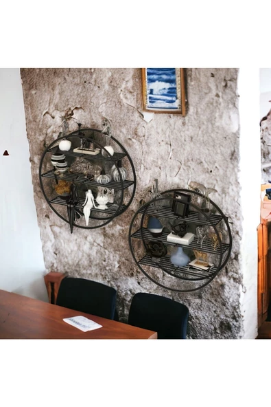 2 Adet Modern Duvar Rafı, Kaktüs, Obje, Biblo Rafı, Yuvarlak Dekoratik Mini Modern Tel Raf - 8