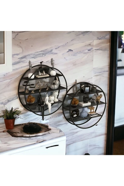 2 Adet Modern Duvar Rafı, Kaktüs, Obje, Biblo Rafı, Yuvarlak Dekoratik Mini Modern Tel Raf - 3