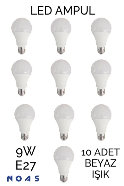 10 Adet 9 Watt E27 Duylu Led Ampul - Beyaz Işık- 10'lu Paket