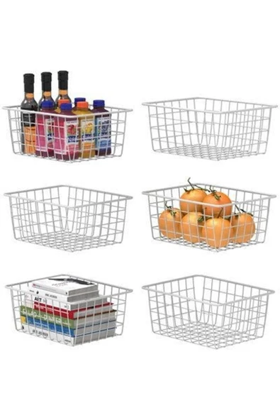 6 Adet Beyaz Renk Dolap Içi Organizer Banyo Mutfak Oyuncak Makyaj Sepeti Tel Sepet Düzenleyici Sepet - 2