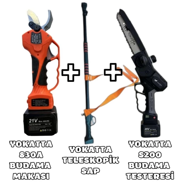 YOKATTA Akülü Budama Makası + Akülü Budama Testeresi + Teleskopik Uzatma Sapı SET - 3