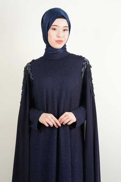Tesettür Büyük Beden Abiye Pelerinli Simli Abiye Lacivert - 4