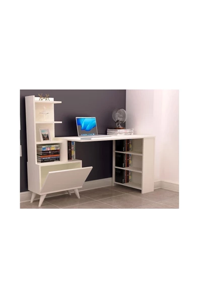Tdesigno Ibizia Kitaplıklı Çalışma Masası 155 Cm Safir Meşe Beyaz
