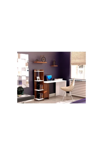 Tdesigno Venedik Kitaplıklı Çalışma Masası 117 Cm Ceviz Beyaz - 2