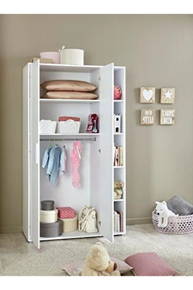 Tdesigno Asil Giyinme Dolabı - Çok Amaçlı Dolap - Gardırop 110 Cm-2 Kapaklı-Çocuk Odası Dolabı-Kitaplıklı - 3